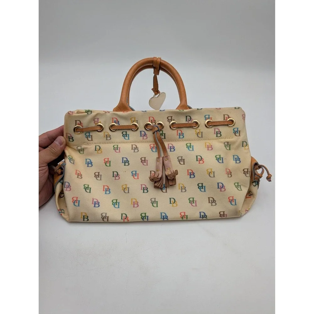 Vintage Dooney & Bourke Satchel Bag Womens Medium Beige Canvas Leather Bee Print